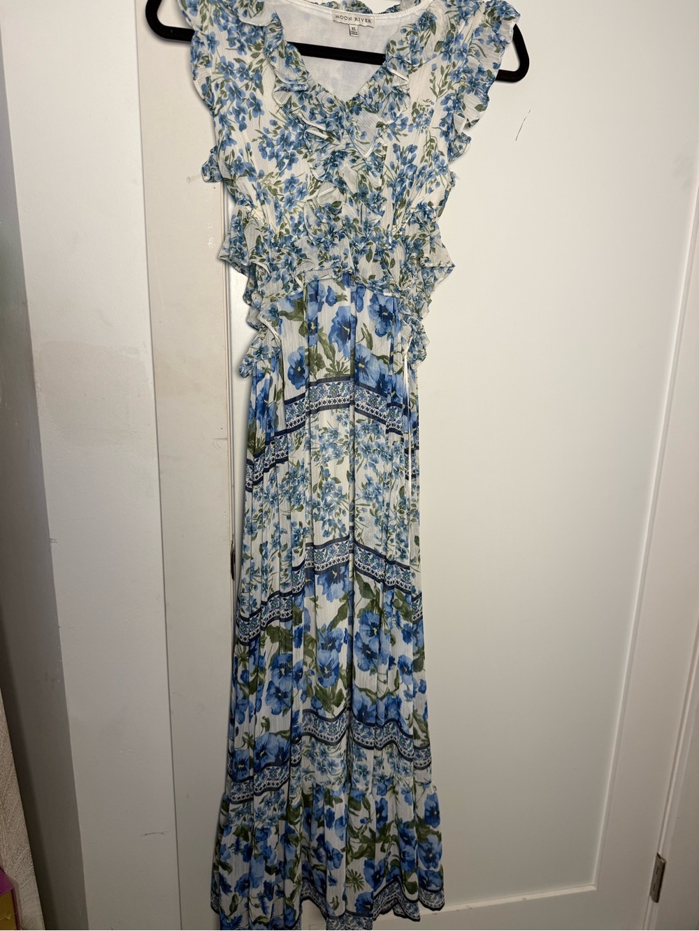 Moon River Blue and White Floral Ruffle Maxi Dress
